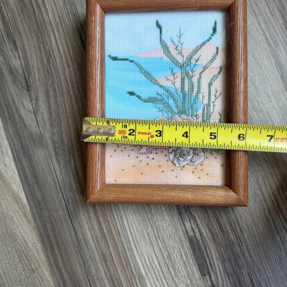 Vintage Framed Cross Stitch Beach Shells Sea‎ Grass Coastal Wall Art Oak Frame